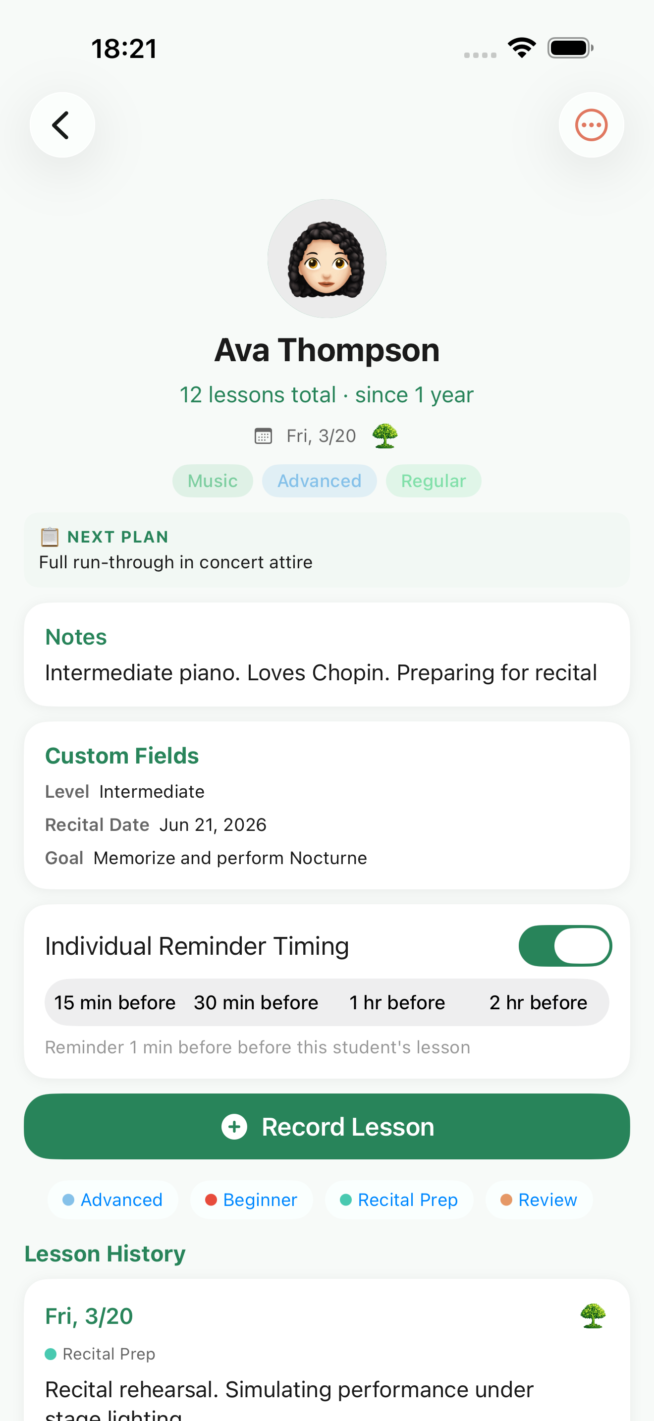 Student detail with lesson history
