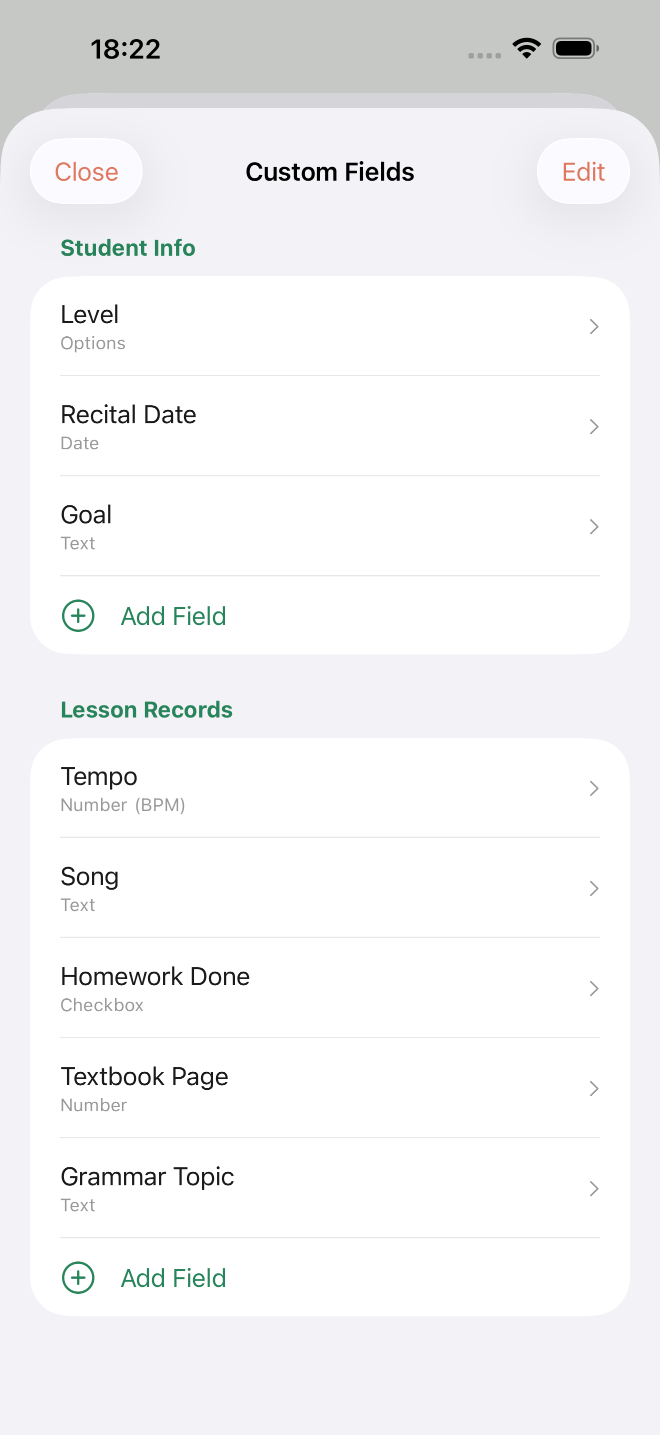 Custom fields settings screen